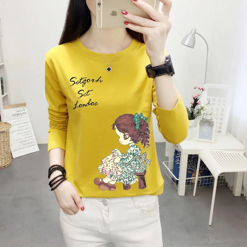 Women Long Sleeve Cat Print T-Shirt White Round Neck - Image 3