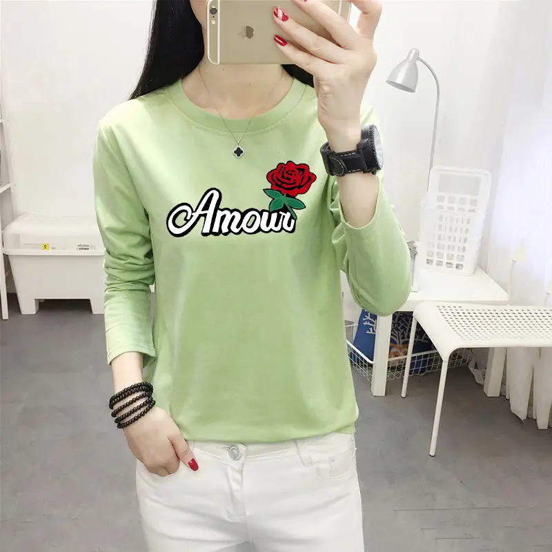 Women Long Sleeve Cat Print T-Shirt White Round Neck - Image 30