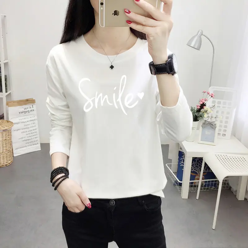 Women Long Sleeve Cat Print T-Shirt White Round Neck - Image 31