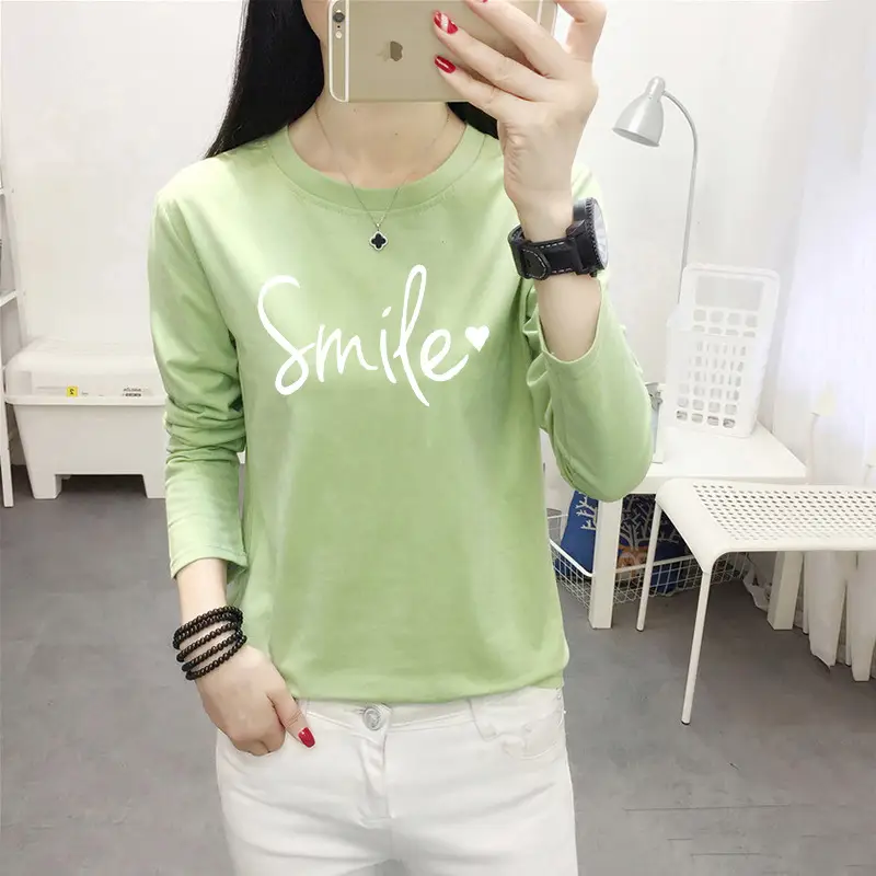 Women Long Sleeve Cat Print T-Shirt White Round Neck - Image 34