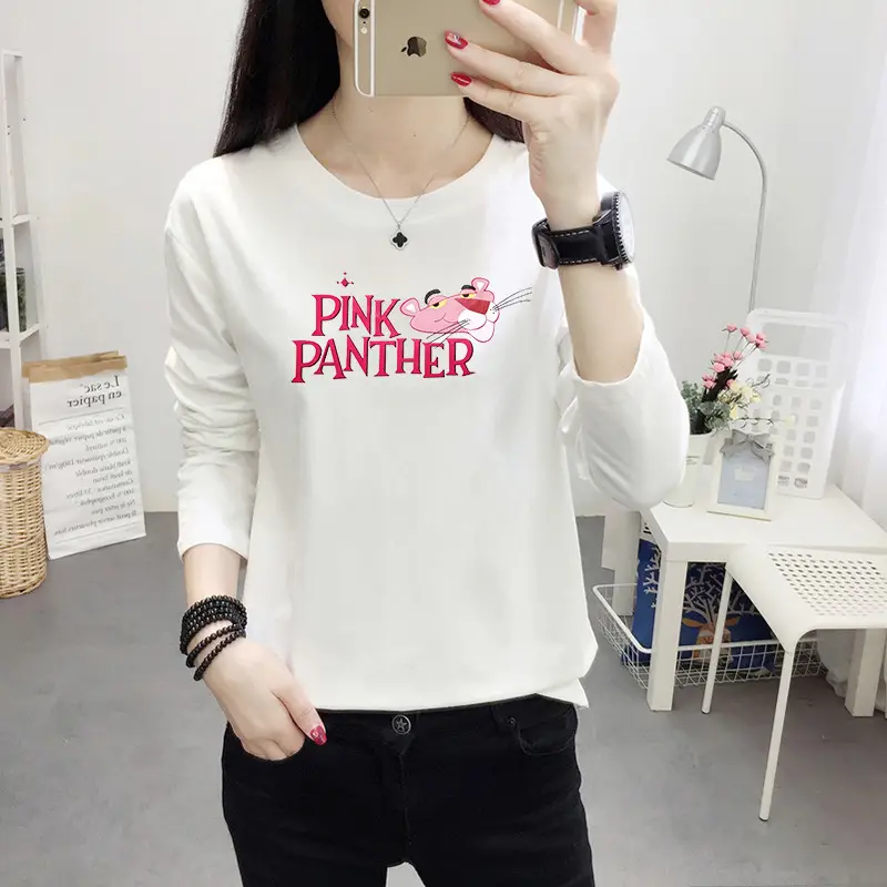 Women Long Sleeve Cat Print T-Shirt White Round Neck - Image 35