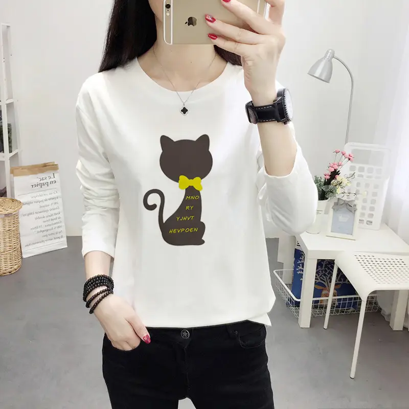 Women Long Sleeve Cat Print T-Shirt White Round Neck - Image 36