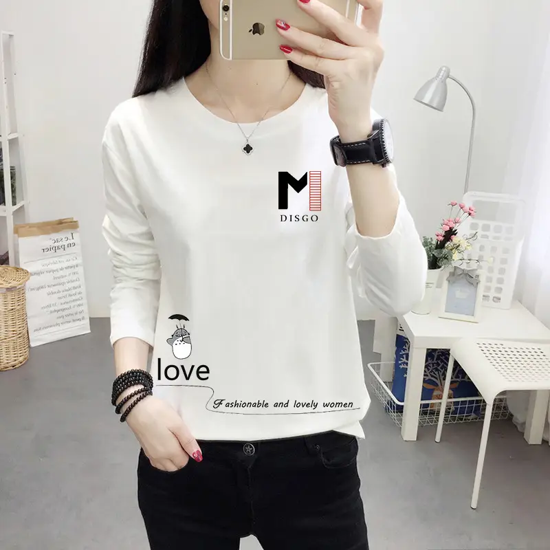 Women Long Sleeve Cat Print T-Shirt White Round Neck - Image 5