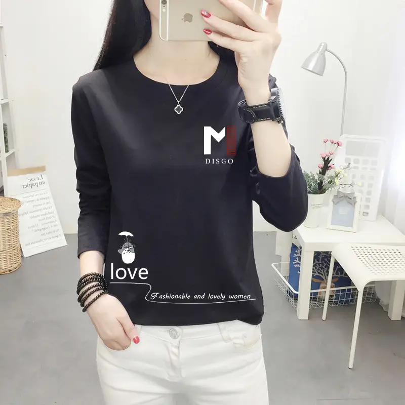 Women Long Sleeve Cat Print T-Shirt White Round Neck - Image 6
