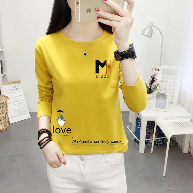 Women Long Sleeve Cat Print T-Shirt White Round Neck - Image 7