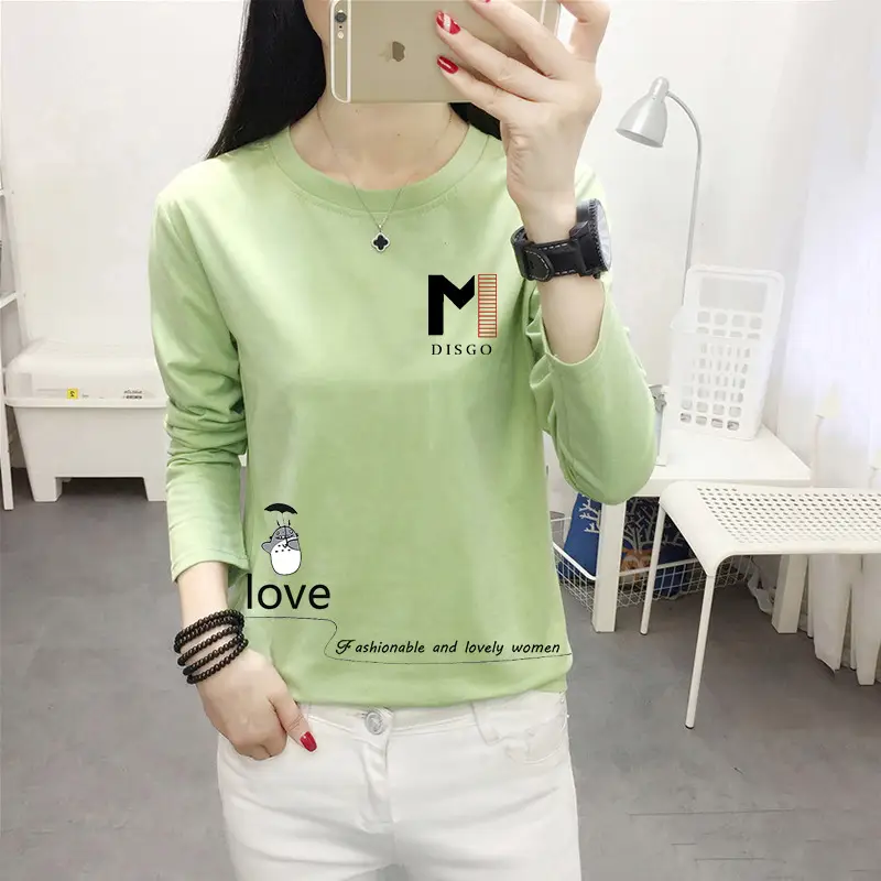 Women Long Sleeve Cat Print T-Shirt White Round Neck - Image 8