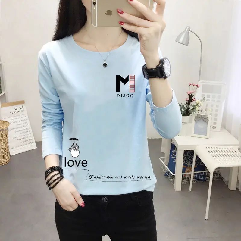 Women Long Sleeve Cat Print T-Shirt White Round Neck - Image 9