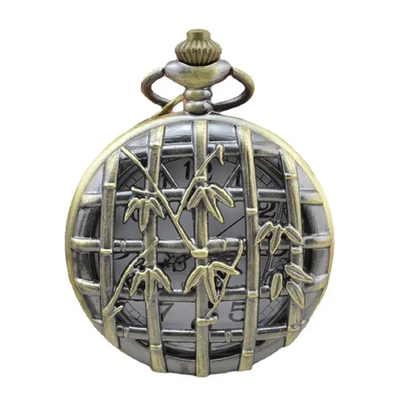 Retro Hollow Carved Bronze Pocket Watch with Chain