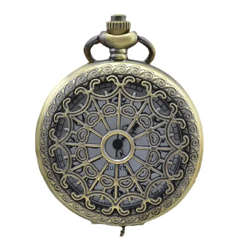 Retro Hollow Carved Bronze Pocket Watch with Chain