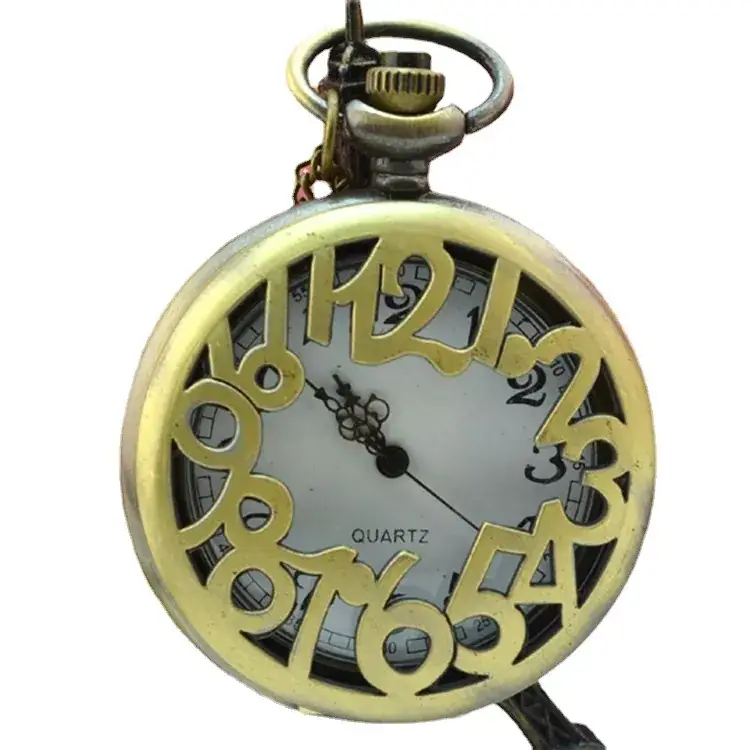 Retro Hollow Carved Bronze Pocket Watch with Chain