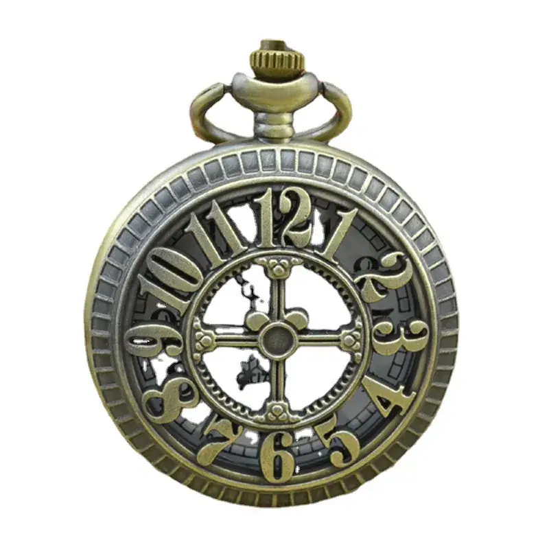 Retro Hollow Carved Bronze Pocket Watch with Chain