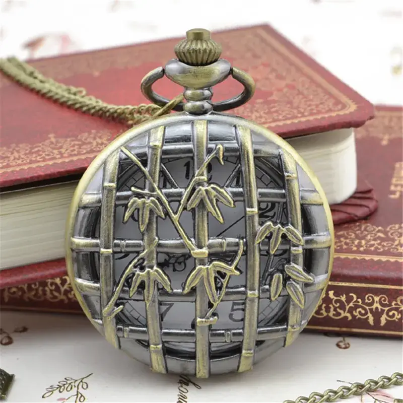 Retro Hollow Carved Bronze Pocket Watch with Chain