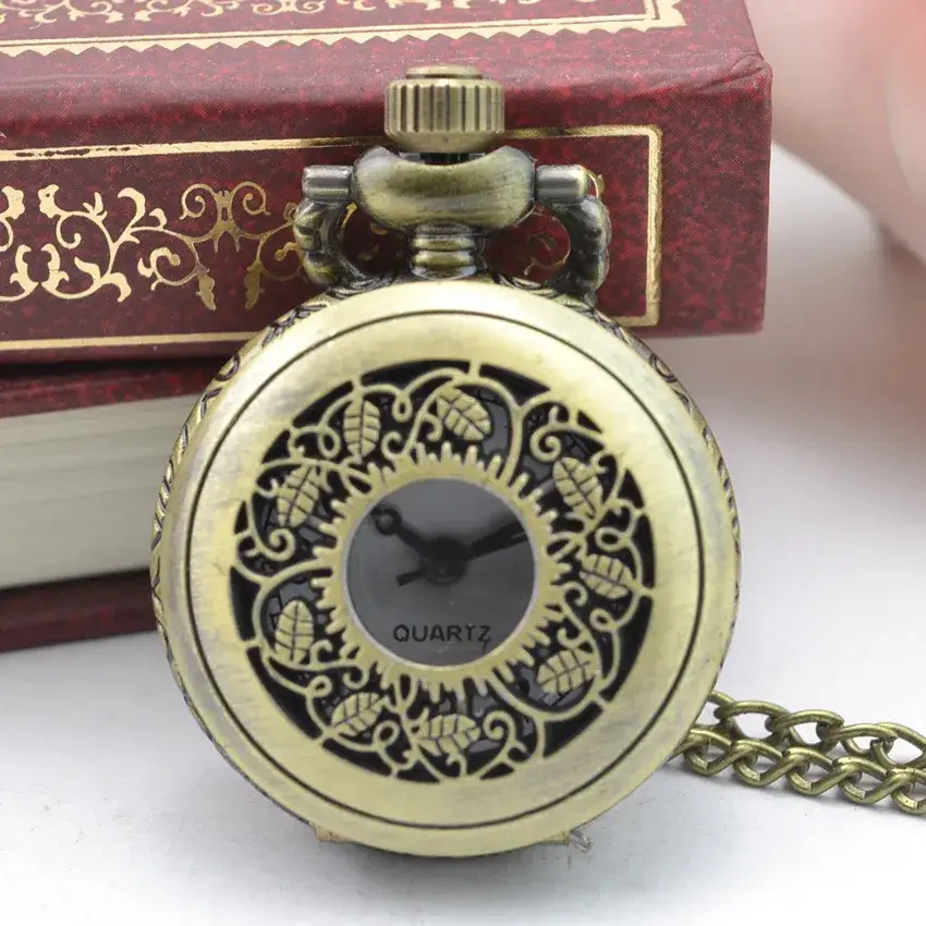 Retro Hollow Carved Bronze Pocket Watch with Chain