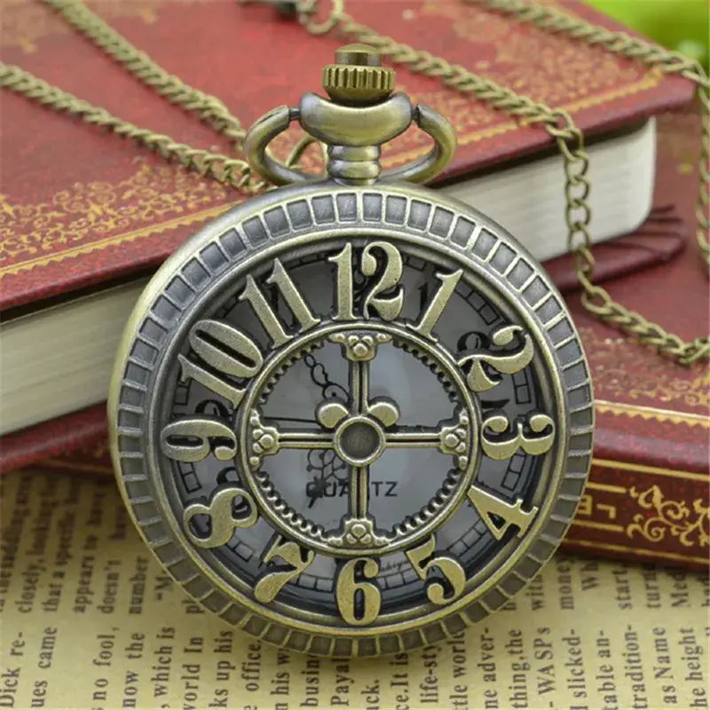 Retro Hollow Carved Bronze Pocket Watch with Chain