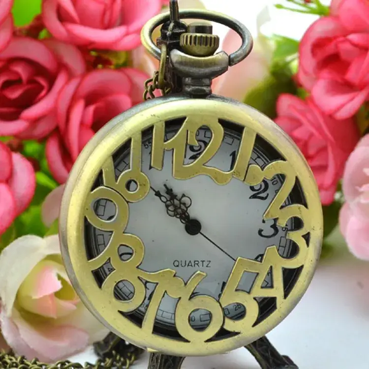 Retro Hollow Carved Bronze Pocket Watch with Chain