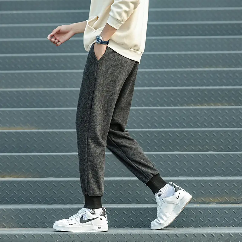 Men's Grey Thickened Straight Ankle Pants Winter Casual