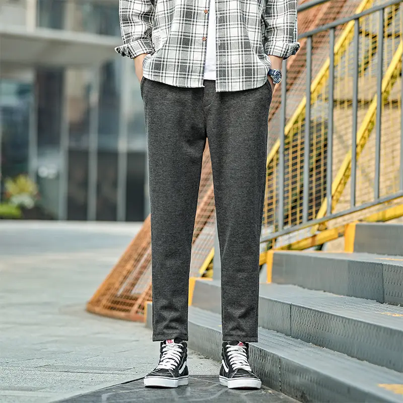 Men's Grey Thickened Straight Ankle Pants Winter Casual