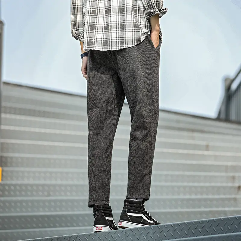 Men's Grey Thickened Straight Ankle Pants Winter Casual