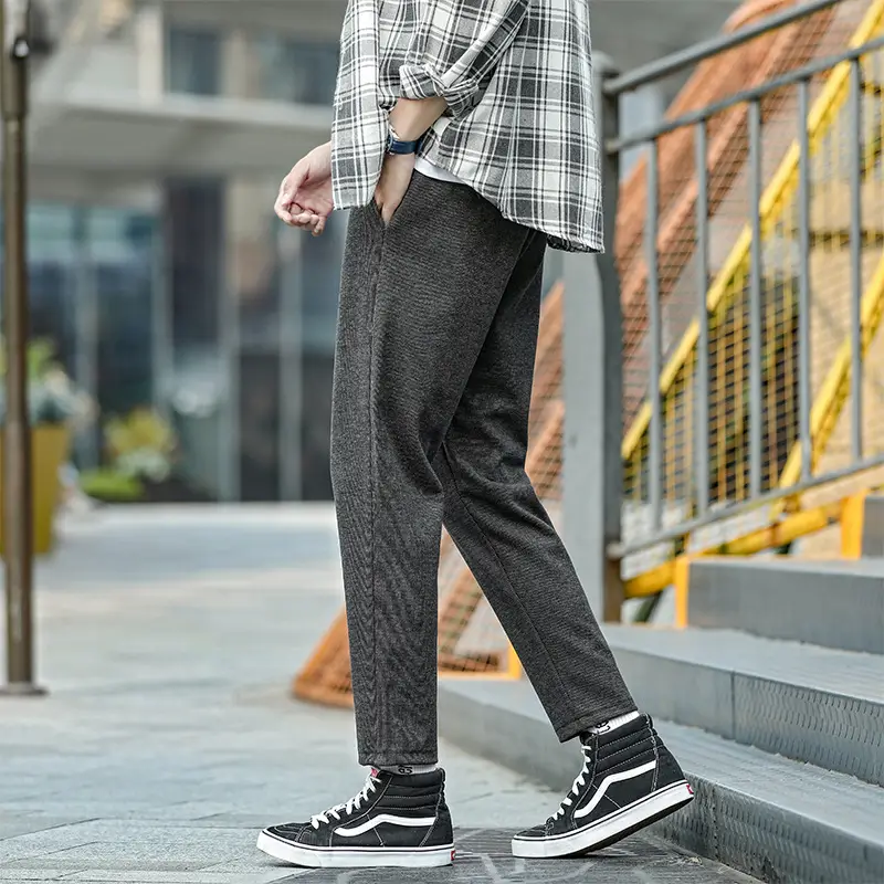 Men's Grey Thickened Straight Ankle Pants Winter Casual