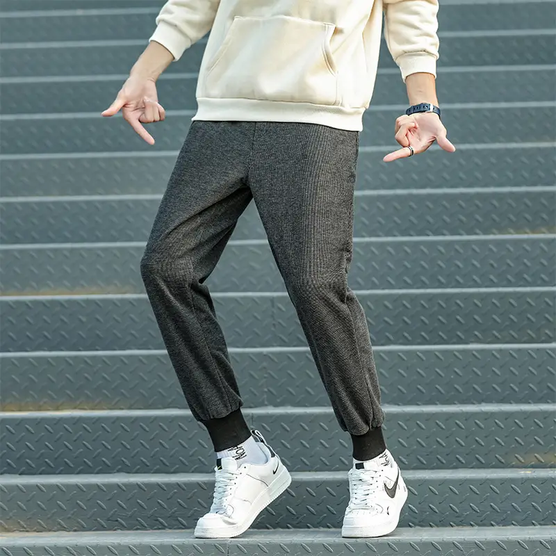 Men's Grey Thickened Straight Ankle Pants Winter Casual