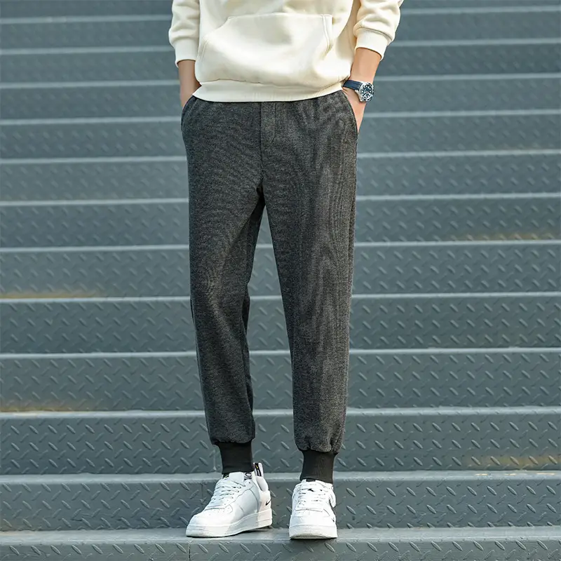 Men's Grey Thickened Straight Ankle Pants Winter Casual