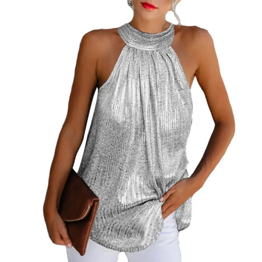 Double Silver Halter Zipper Sleeveless T Shirt - Image 4