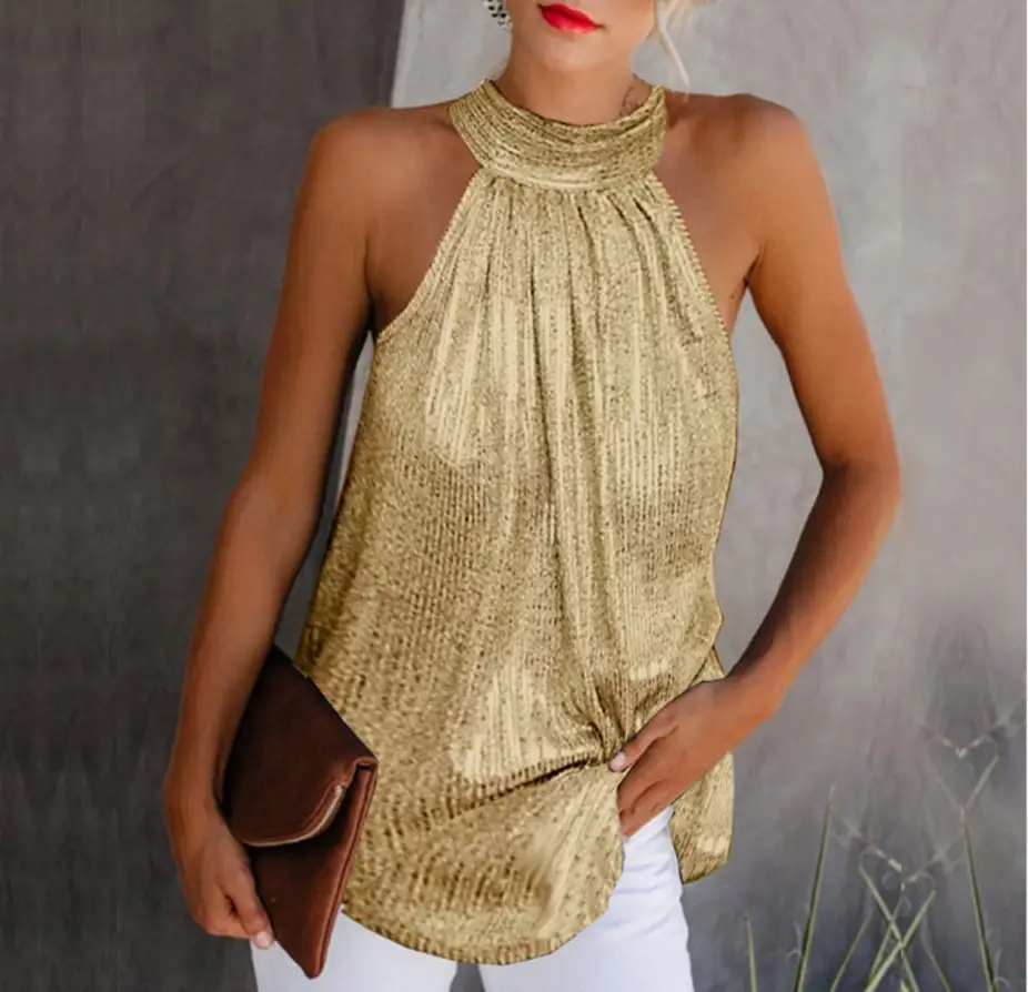 Double Silver Halter Zipper Sleeveless T Shirt - Image 2