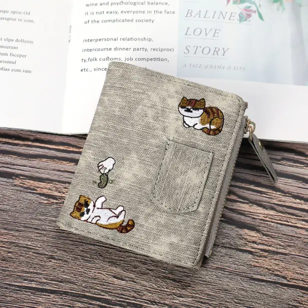 Jeans Style Wallet Cat Embroidered Canvas Pattern Large Capacity Buckle for Mobile Phone Pocket Decorative Women's Bag