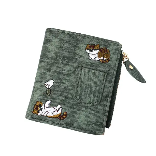Jeans Style Wallet Cat Embroidered Canvas Pattern Large Capacity Buckle for Mobile Phone Pocket Decorative Women's Bag