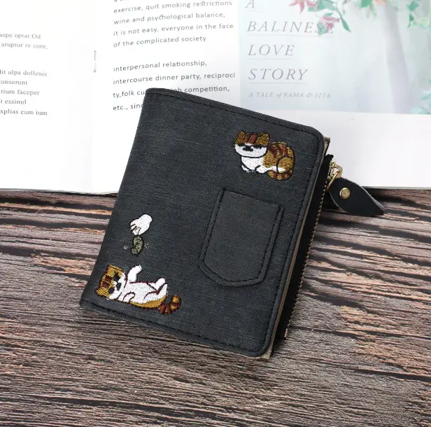 Jeans Style Wallet Cat Embroidered Canvas Pattern Large Capacity Buckle for Mobile Phone Pocket Decorative Women's Bag