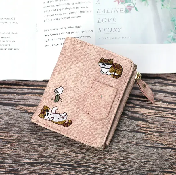 Jeans Style Wallet Cat Embroidered Canvas Pattern Large Capacity Buckle for Mobile Phone Pocket Decorative Women's Bag