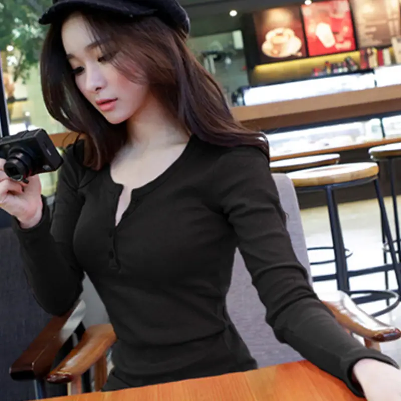 2025 Women Grey Long Sleeve Button T-Shirt Slim Fit - Image 5