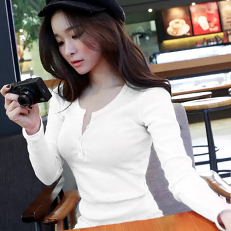 2025 Women Grey Long Sleeve Button T-Shirt Slim Fit - Image 3