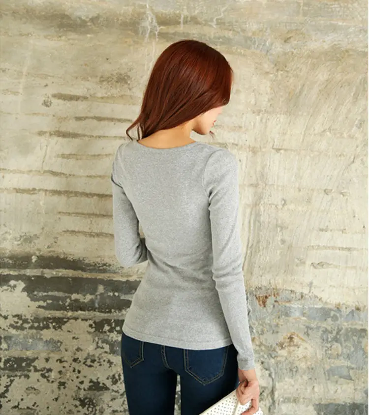 2025 Women Grey Long Sleeve Button T-Shirt Slim Fit — feature 18