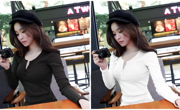 2025 Women Grey Long Sleeve Button T-Shirt Slim Fit — feature 27