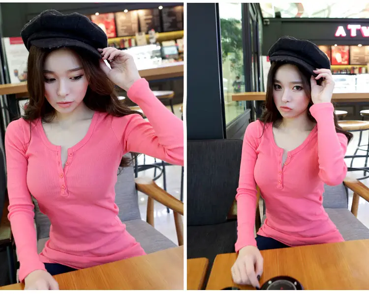 2025 Women Grey Long Sleeve Button T-Shirt Slim Fit — feature 28