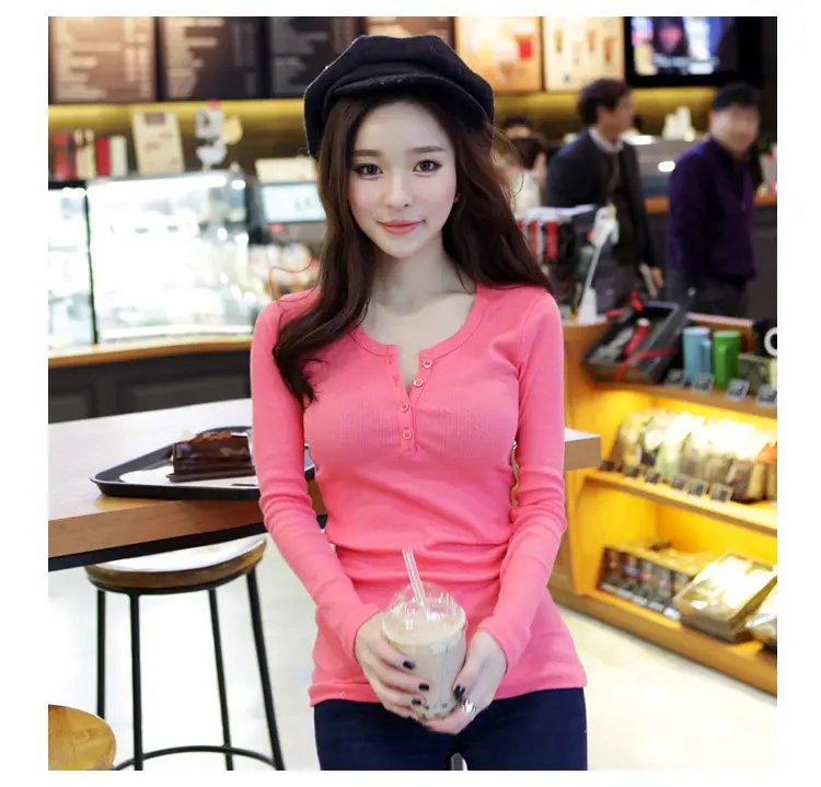 2025 Women Grey Long Sleeve Button T-Shirt Slim Fit — feature 33