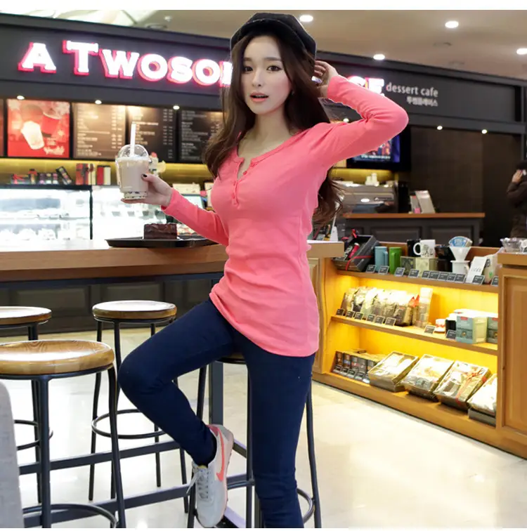 2025 Women Grey Long Sleeve Button T-Shirt Slim Fit — feature 34