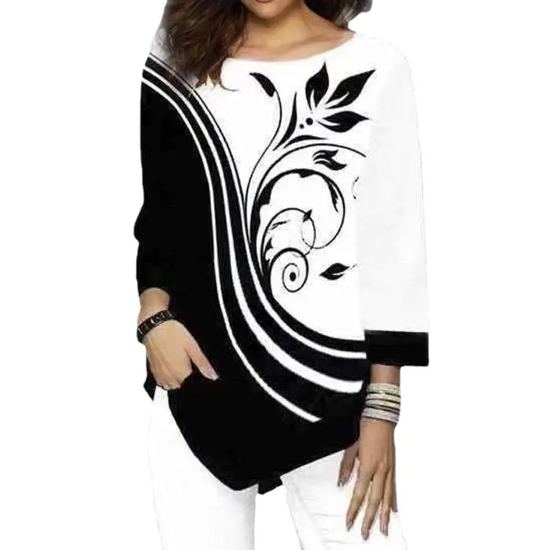 Women 3D Floral Printed T-Shirt Purple White Crew Neck - Image 8