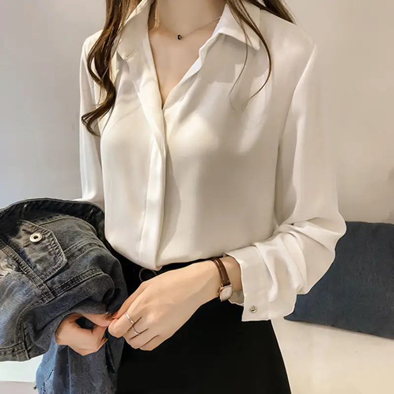 Korean Style Chiffon White Long Sleeve Shirt Large - Image 6
