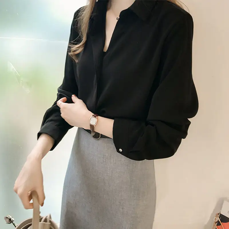Korean Style Chiffon White Long Sleeve Shirt Large - Image 7