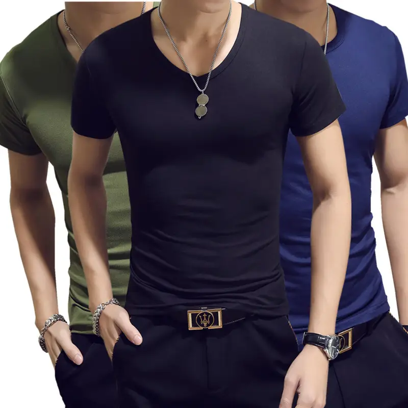 Men Korean V-Collar Slim Fit T-Shirt White - Image 21