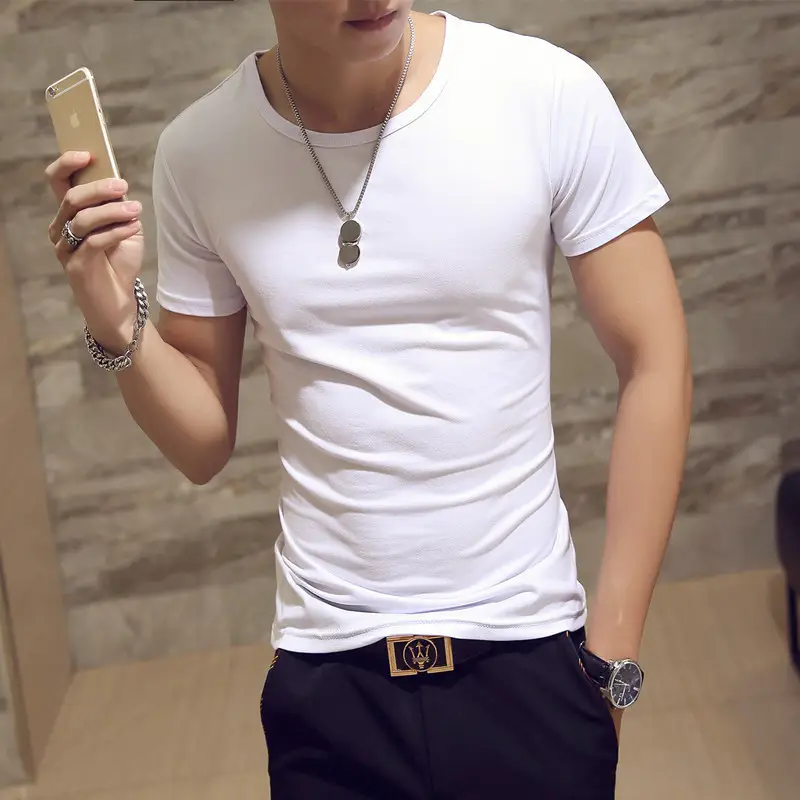Men Korean V-Collar Slim Fit T-Shirt White - Image 29