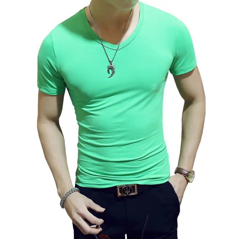 Men Korean V-Collar Slim Fit T-Shirt White - Image 14