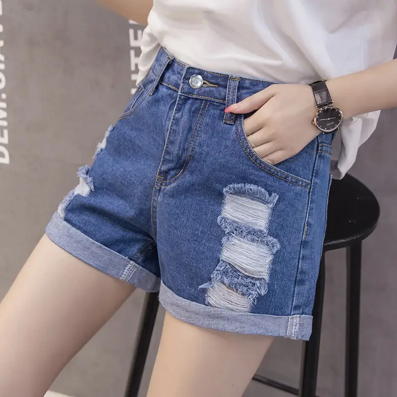 Women Cotton Denim Shorts Curled Ripped High Waist - Image 5