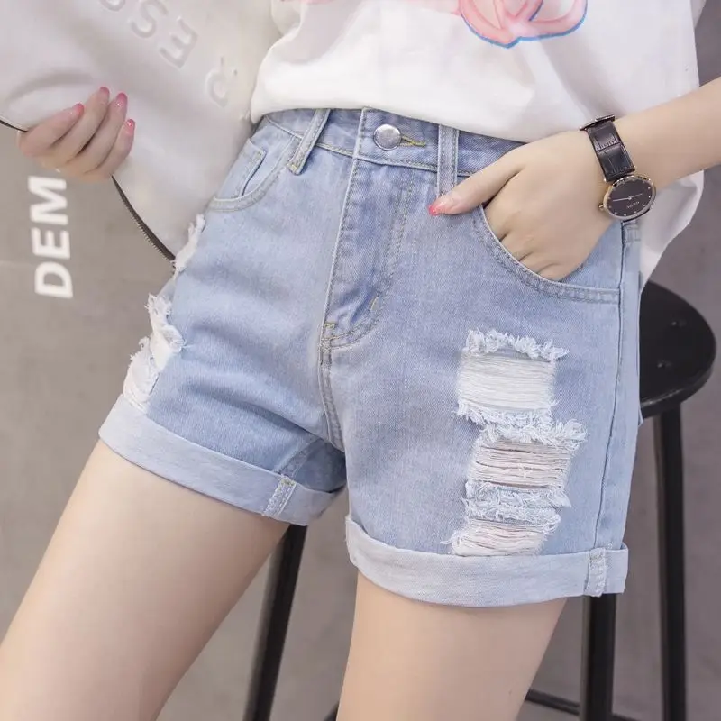 Women Cotton Denim Shorts Curled Ripped High Waist - Image 6