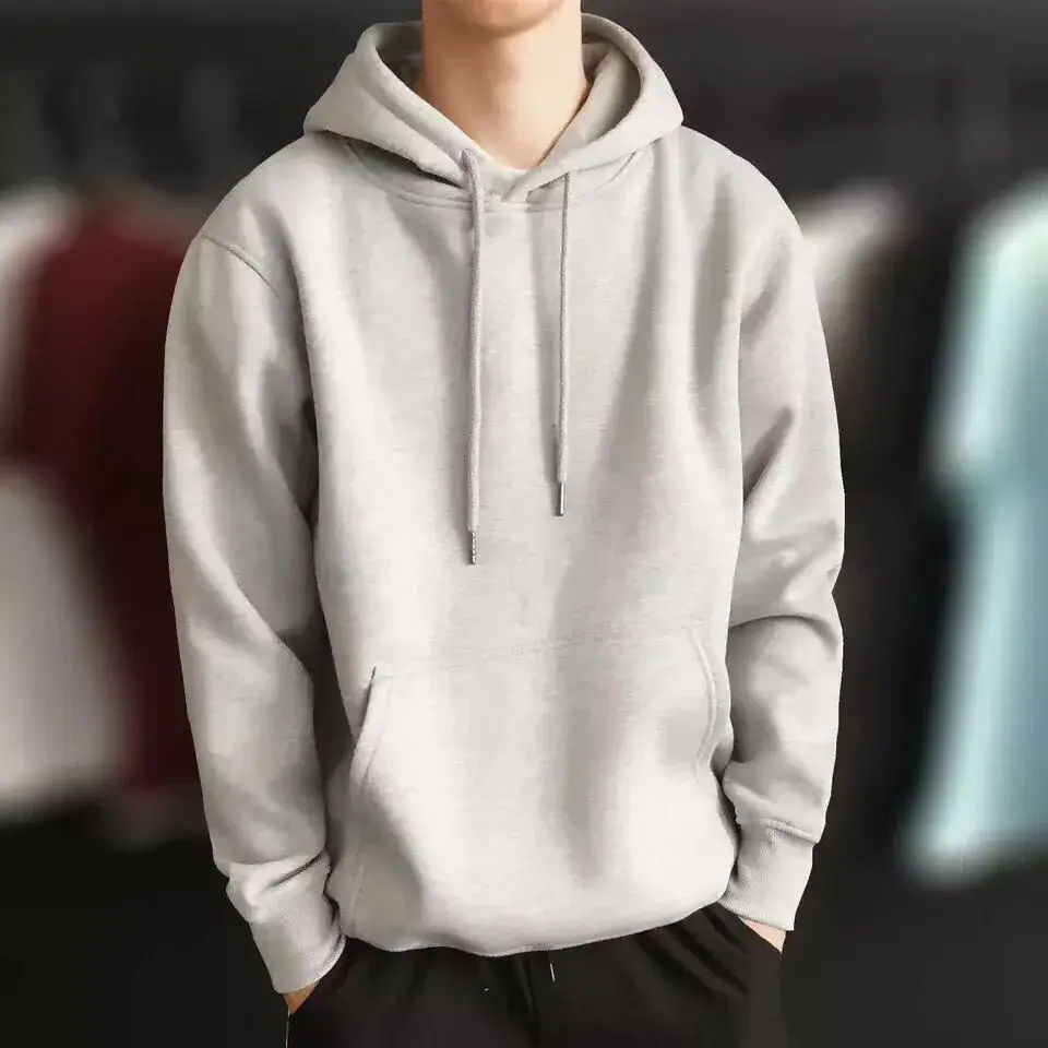Men Grey Velvet Hooded Sweatshirt Casual Plus - Image 8