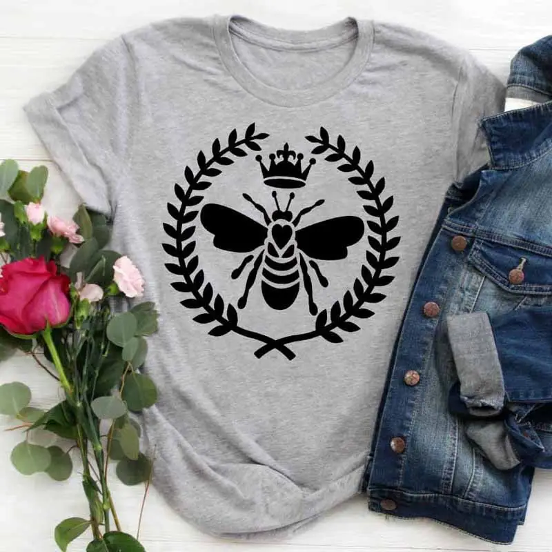 Men Women Bee Crown Letter T-Shirt Grey - Image 3