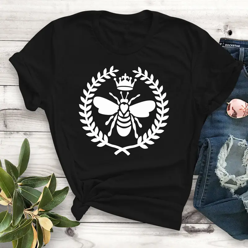 Men Women Bee Crown Letter T-Shirt Grey - Image 2