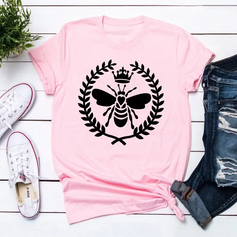 Men Women Bee Crown Letter T-Shirt Grey - Image 4
